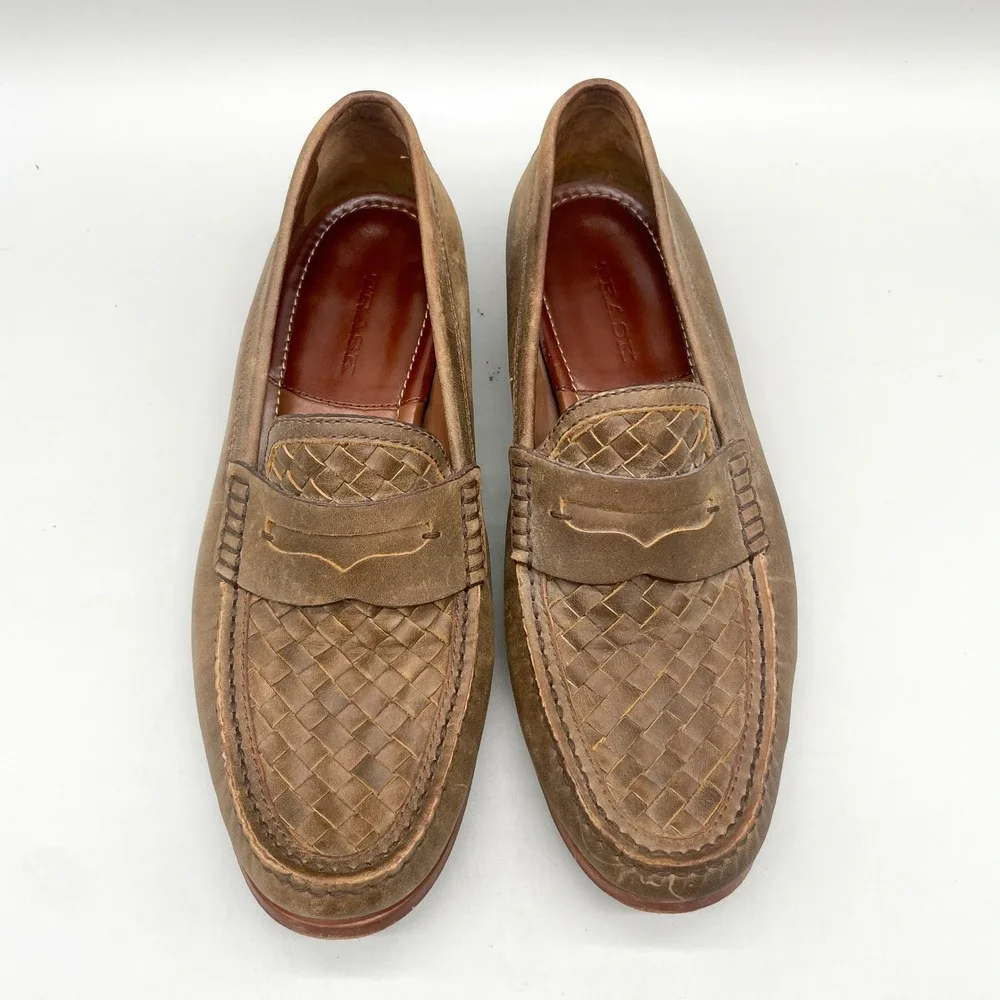 HS Trask Mens 12M Slade Woven Penny Loafers Brown Leather Preppy Rugged Heritage